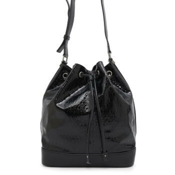 Saint Laurent Paris Allover Bucket Bag Shoulder Bag Black Patent Leather - Picture 1 of 8